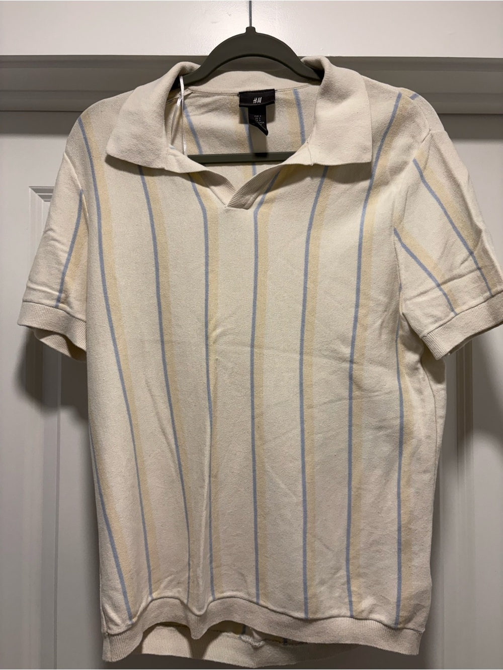 H&M Cream Short-Sleeve Polo with Blue and Yellow Pinstripes